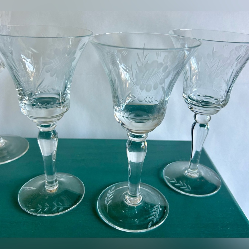 3 Etched Crystal Cordial / sherry glasses 6.5”